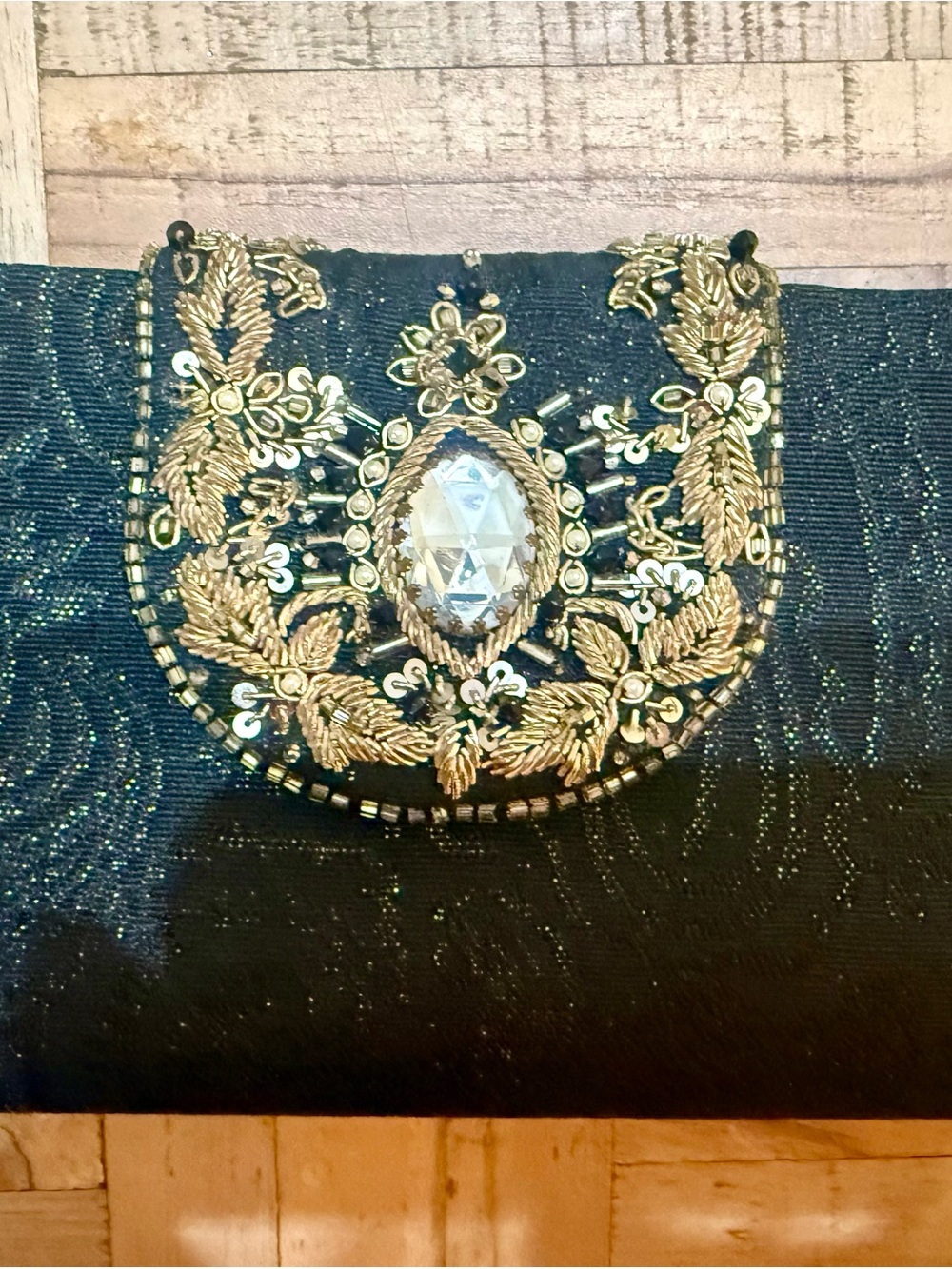 Vtg EUC Monsoon Black Clutch with Gold Beadwork and Crystal Accent